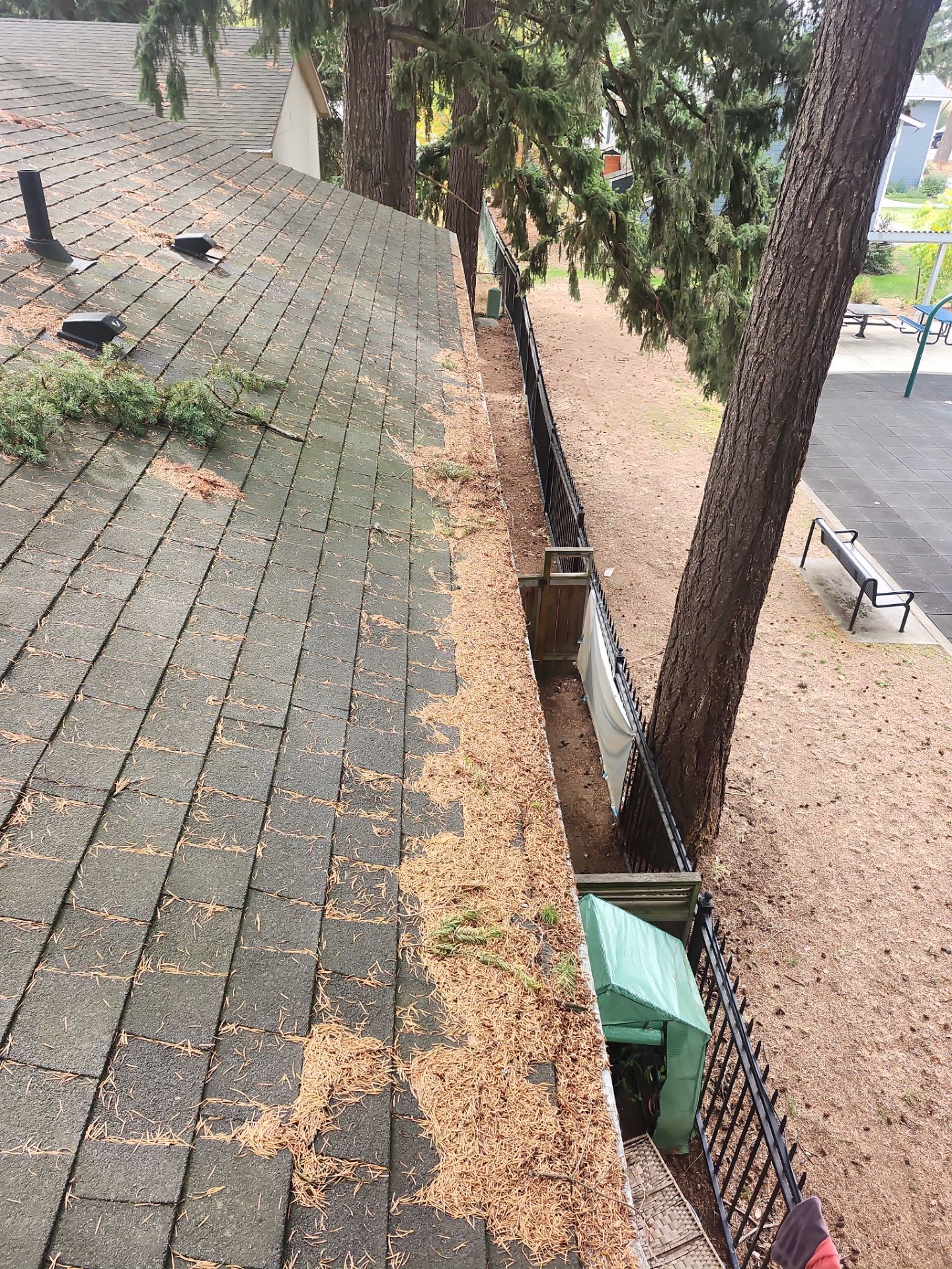 Commercial gutter cleaning Portland, OR before photo with filled gutters