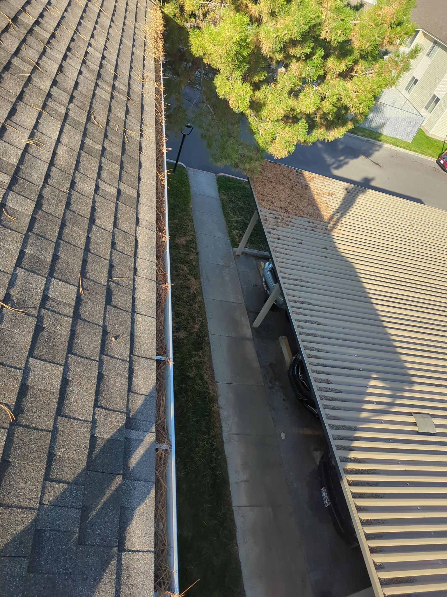 Commercial gutter cleaning Idaho Falls & Pocatello, ID	 before photo with filled gutters