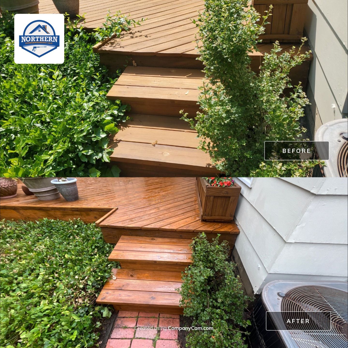 Wood cleaning and staining using Algaecide, soft wash soap by Northern Power Washing LLC.
