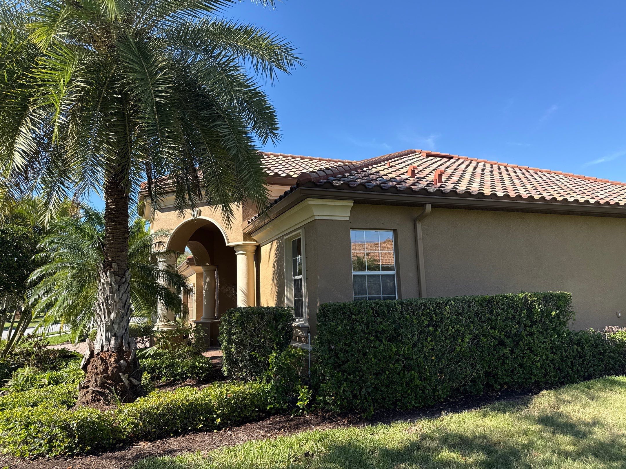 This project focused on a full gutter clean-out to restore proper water flow and prevent overflow issues.  Our scope of work included: 	•	Removing heavy leaf and pollen buildup from the gutter system 	•	Clearing out clogged sections along the rear gutters near the pool cage, where debris tends to accumulate more heavily 	•	Inspecting and cleaning the front gutter guards, which had several blocked areas restricting water flow 	•	Ensuring all downspouts and channels were flowing properly after service  Even with gutter guards installed, debris like pollen, shingle grit, and fine organic matter can still build up over time—especially in Florida’s environment. Regular maintenance helps prevent water damage, overflow, and staining on exterior surfaces.  Another thorough job completed by Sunshine AquaWash® – keeping homes protected from top to bottom. by Sunshine AquaWash