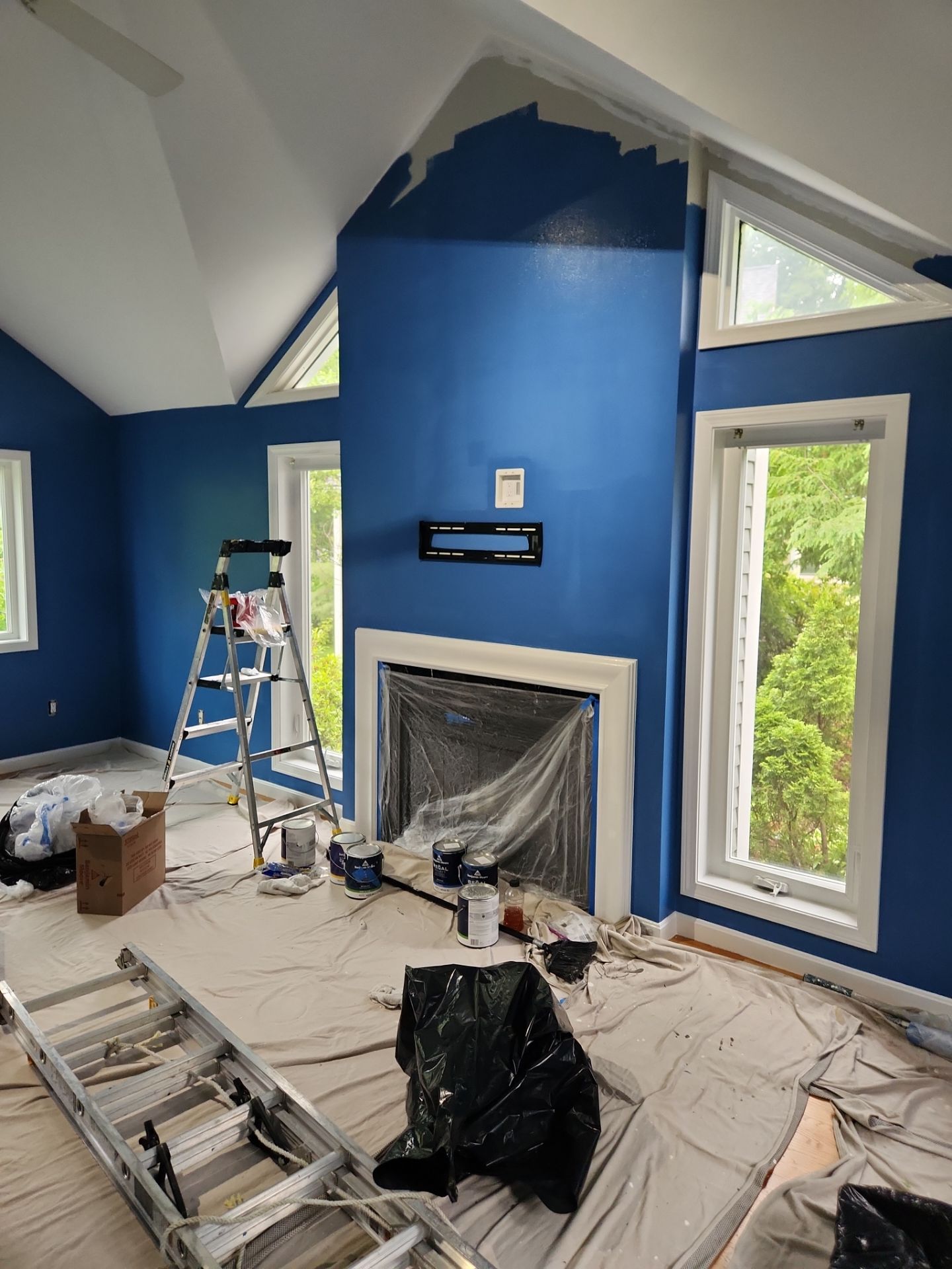 Interior Living Room Painting with Deep Blue Walls in Manchester by The Persnickety Painters