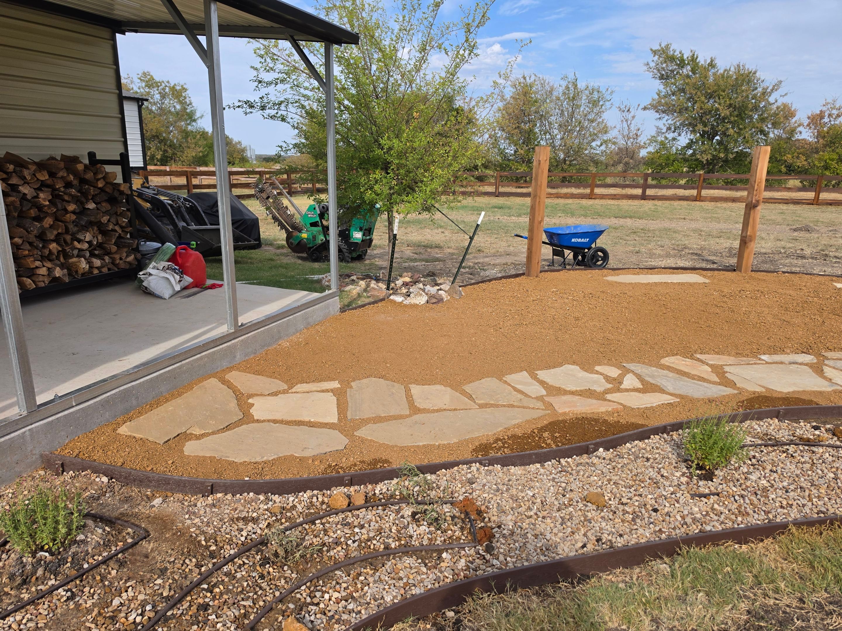 Argyle Residential Landscape Installation with Flagstone Path and Outdoor Seating by Conserva Irrigation NW Dallas