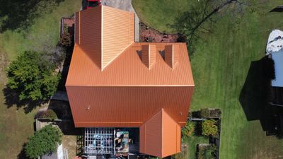 Residential Roofing Install - Copper 29 Guage G-Rib Metal & 6" Inch Seamless Gutters + 3"x4" Aluminum Downspouts 