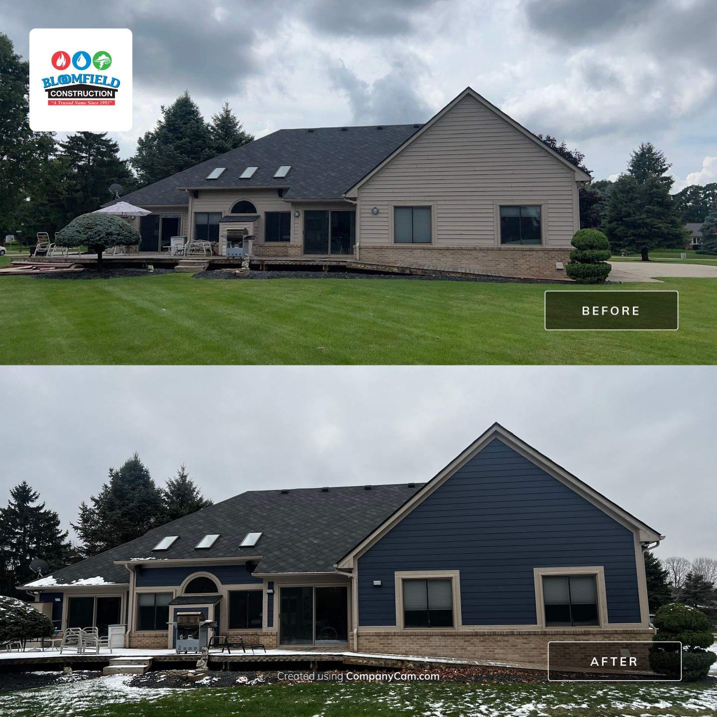 Siding Replacement using James HardiePlank Cedarmill in Deep Ocean color by Bloomfield Construction & Restoration