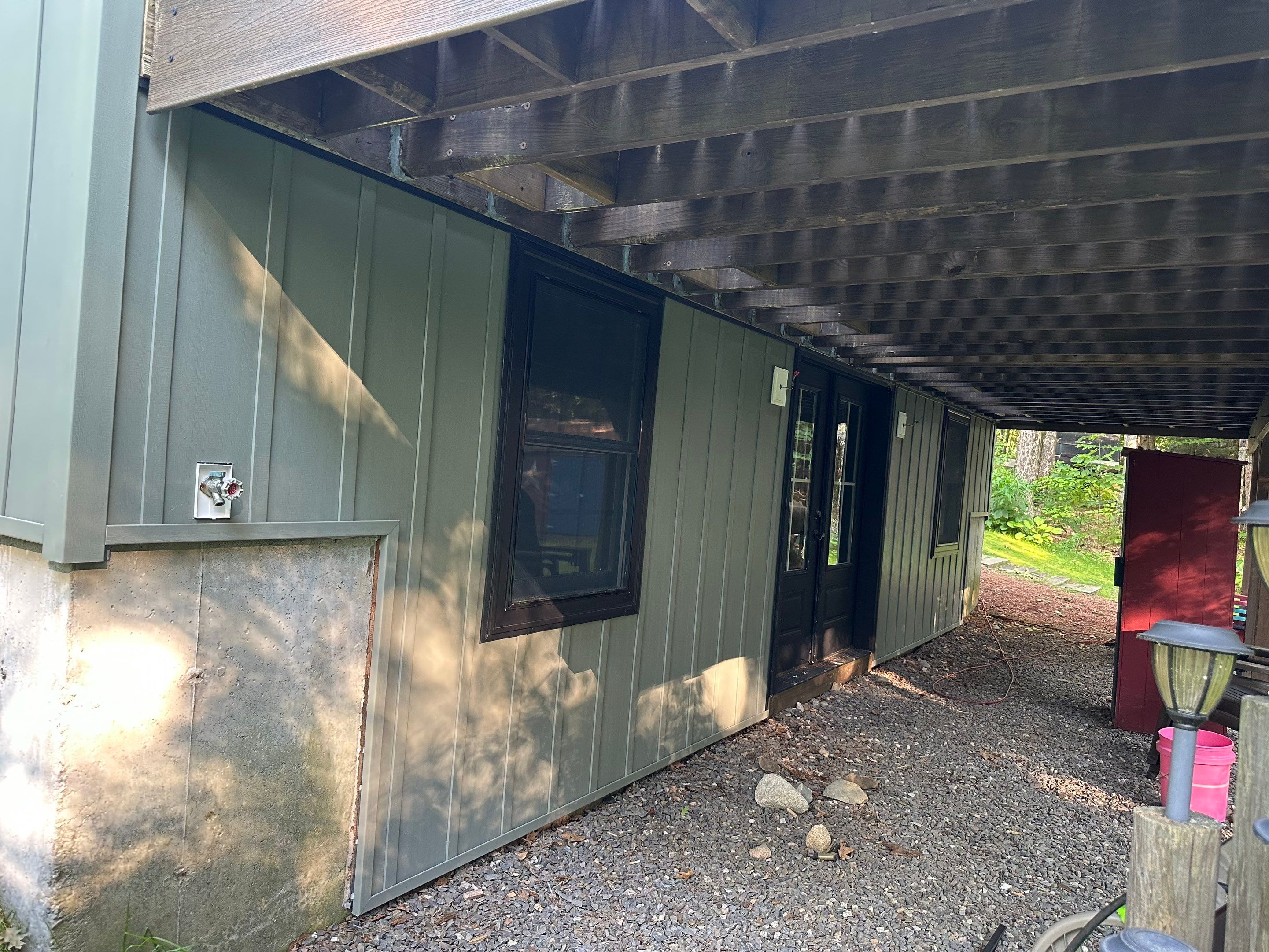 Sage Green Board and Batten Siding and Deck Upgrade in Standish by Tall pine roofing
