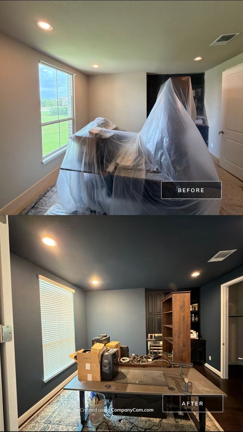 Before and after photo of an office repainted by Hill Country Painting in Driftwood, TX