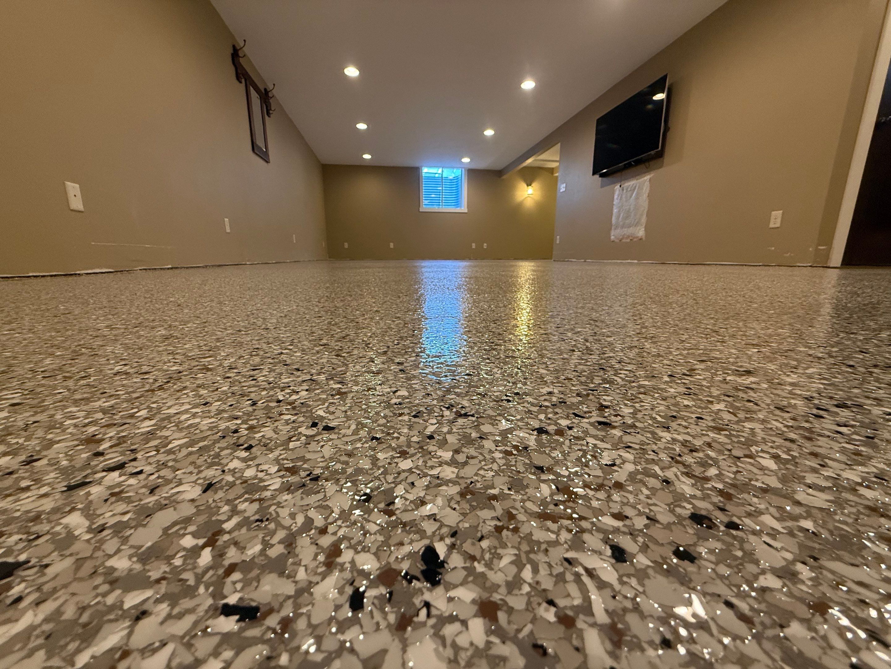Decorative Flake Concrete Floor Coating for Larchwood Basement by Select Painting, Coatings & Garage Cabinets