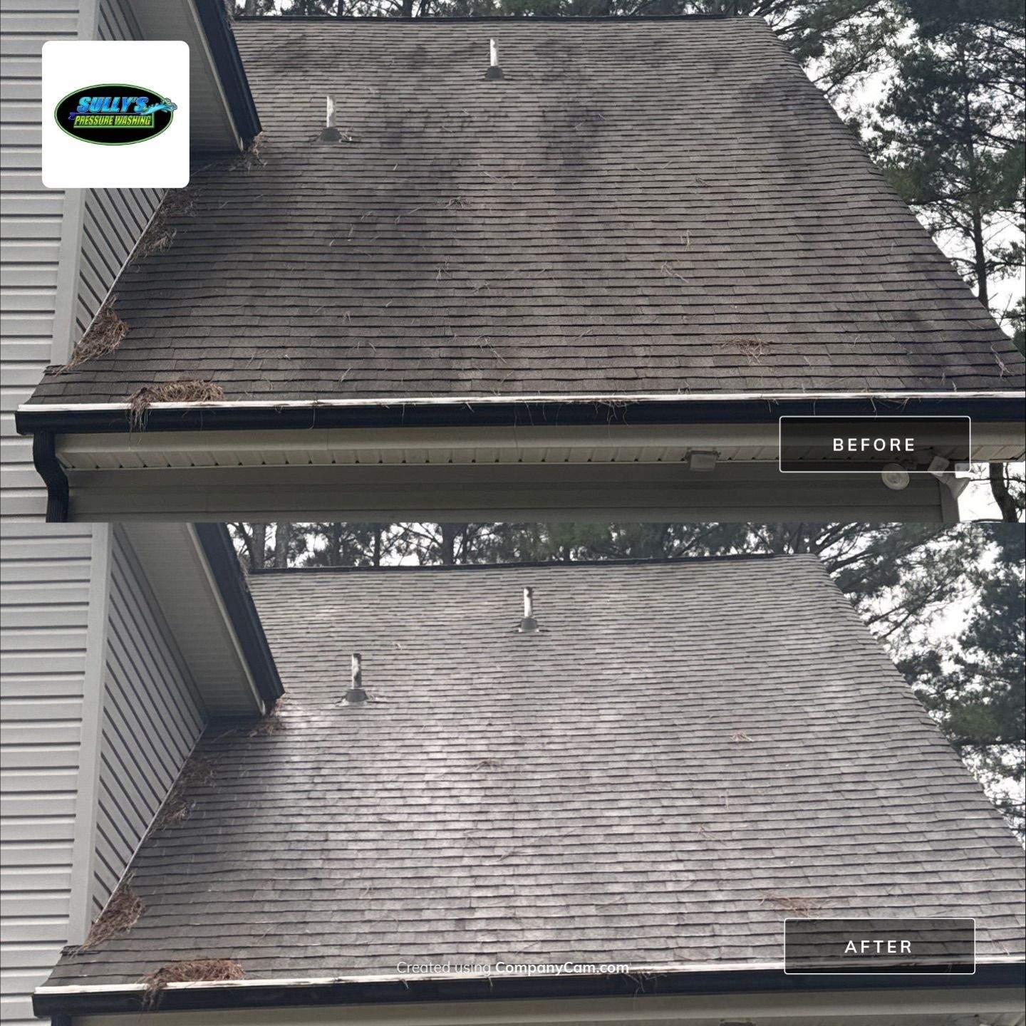 the service shown is roof cleaning removing dirt debris and stains from shingles resulting in a cleaner appearance