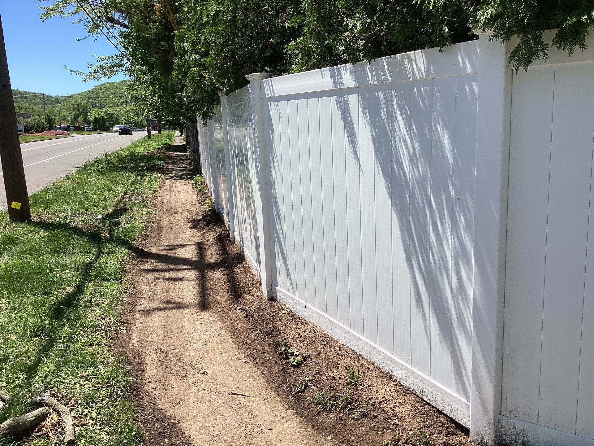 Fence replacement with White Vinyl privacy fence and matching gates  by DiGiorgi Roofing and Siding Inc