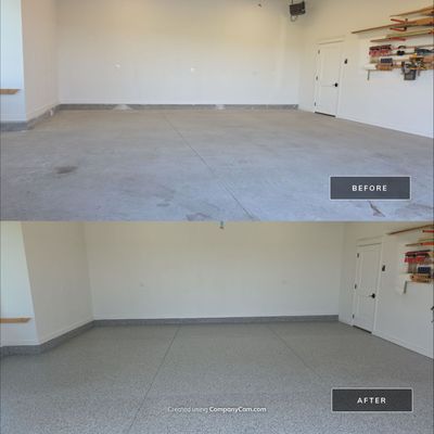 Ames Garage Floor Transformation with Gray and White Speckled Epoxy