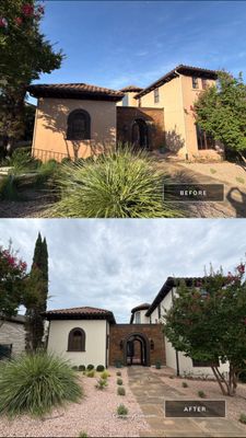 Before and after photo of a home entry courtyard repainted white by Hill Country Painting in Lakeway, TX