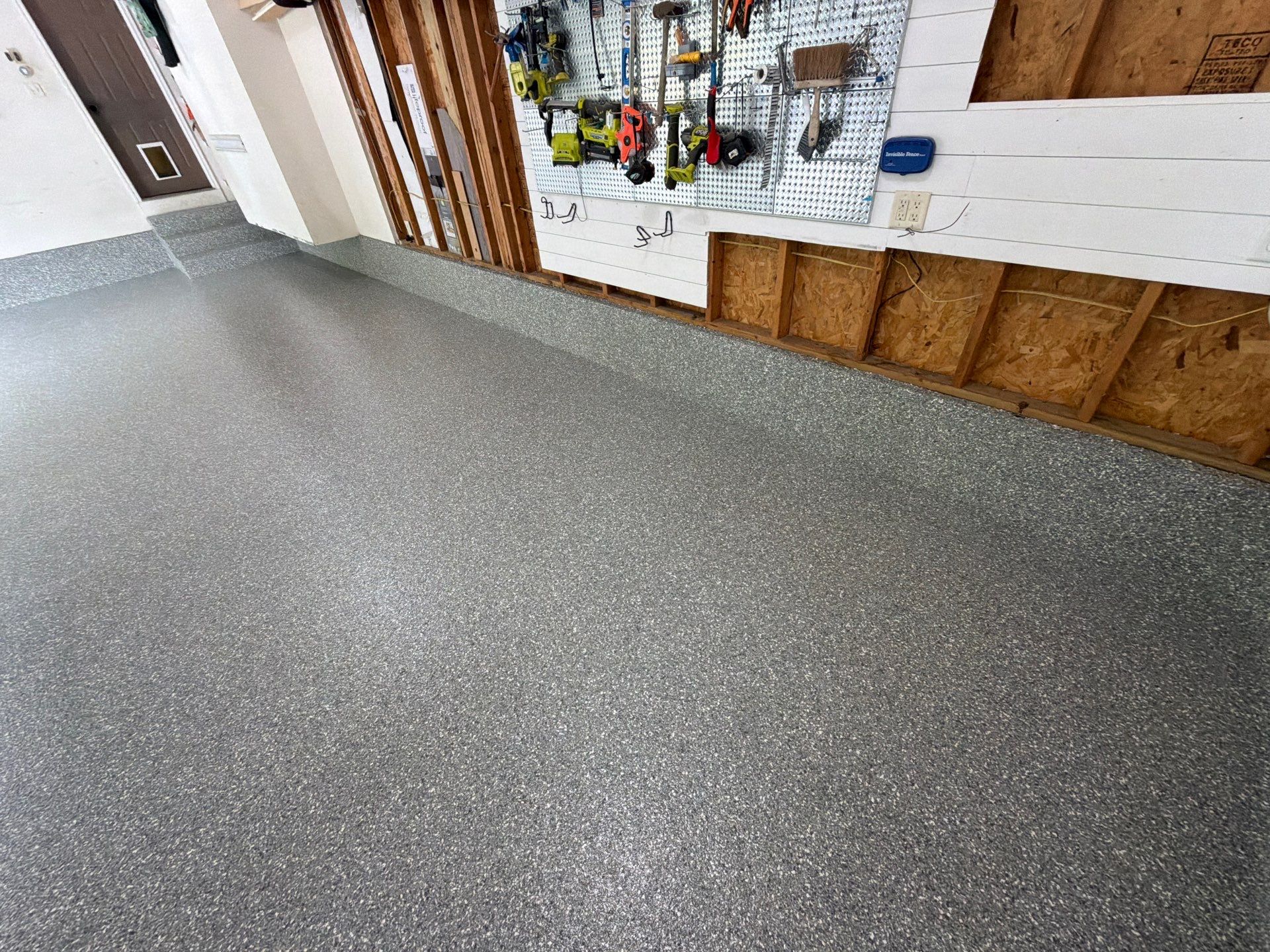 Custom Grey Flake Epoxy Garage Floor and Step Coating in Norton Shores by Gordon Painting