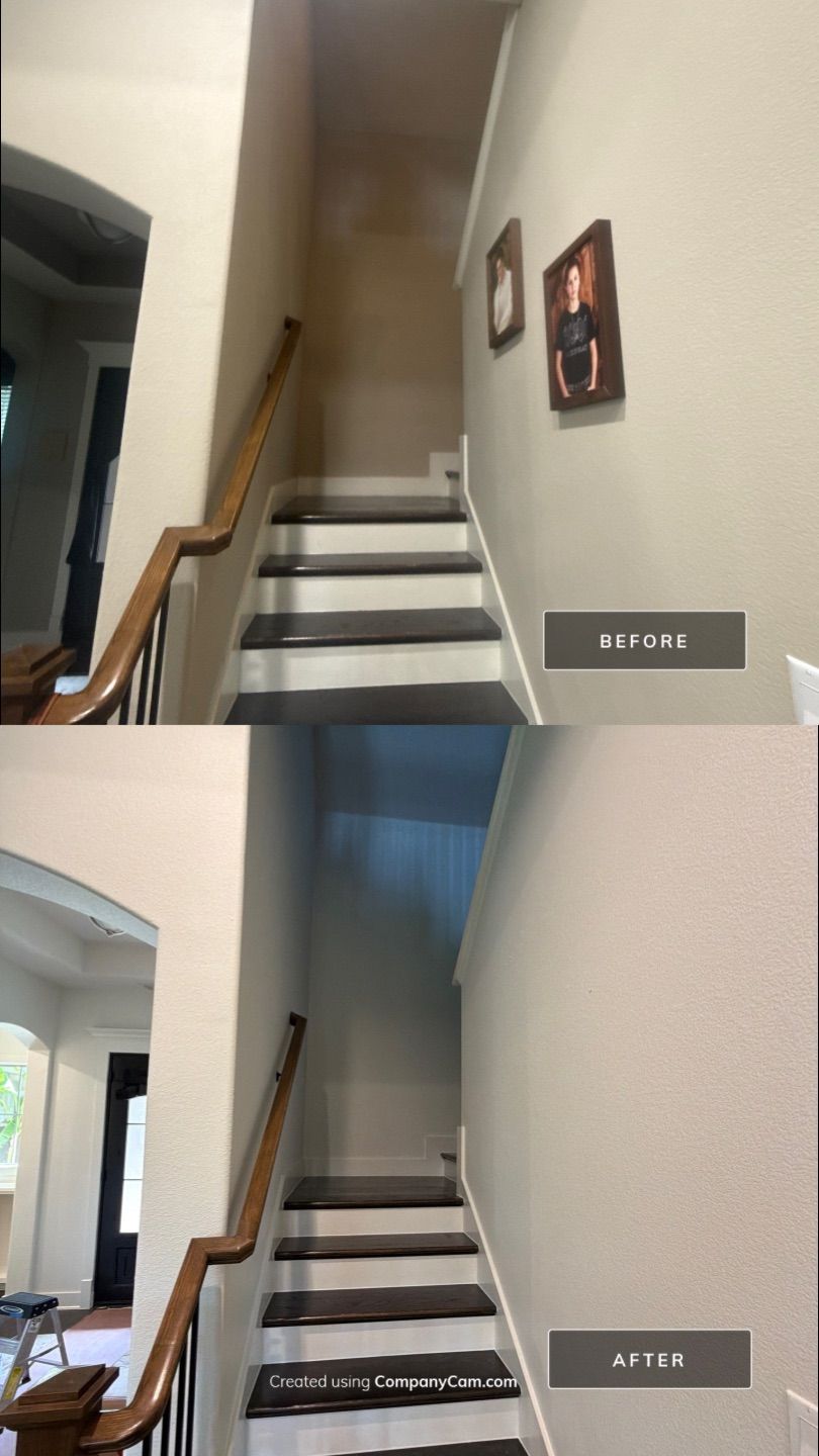 Before and after photo of a stairwell repainted by Hill Country Painting in Liberty Hill, TX