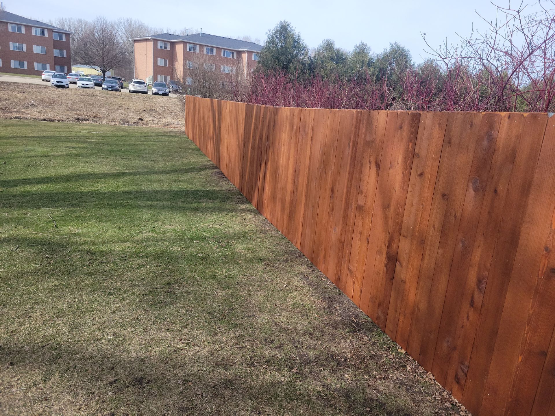 Custom Cedar Wood Privacy Fence with Double Gates and Integrated Planter Mailbox by Perfect Picket Fence and Stain