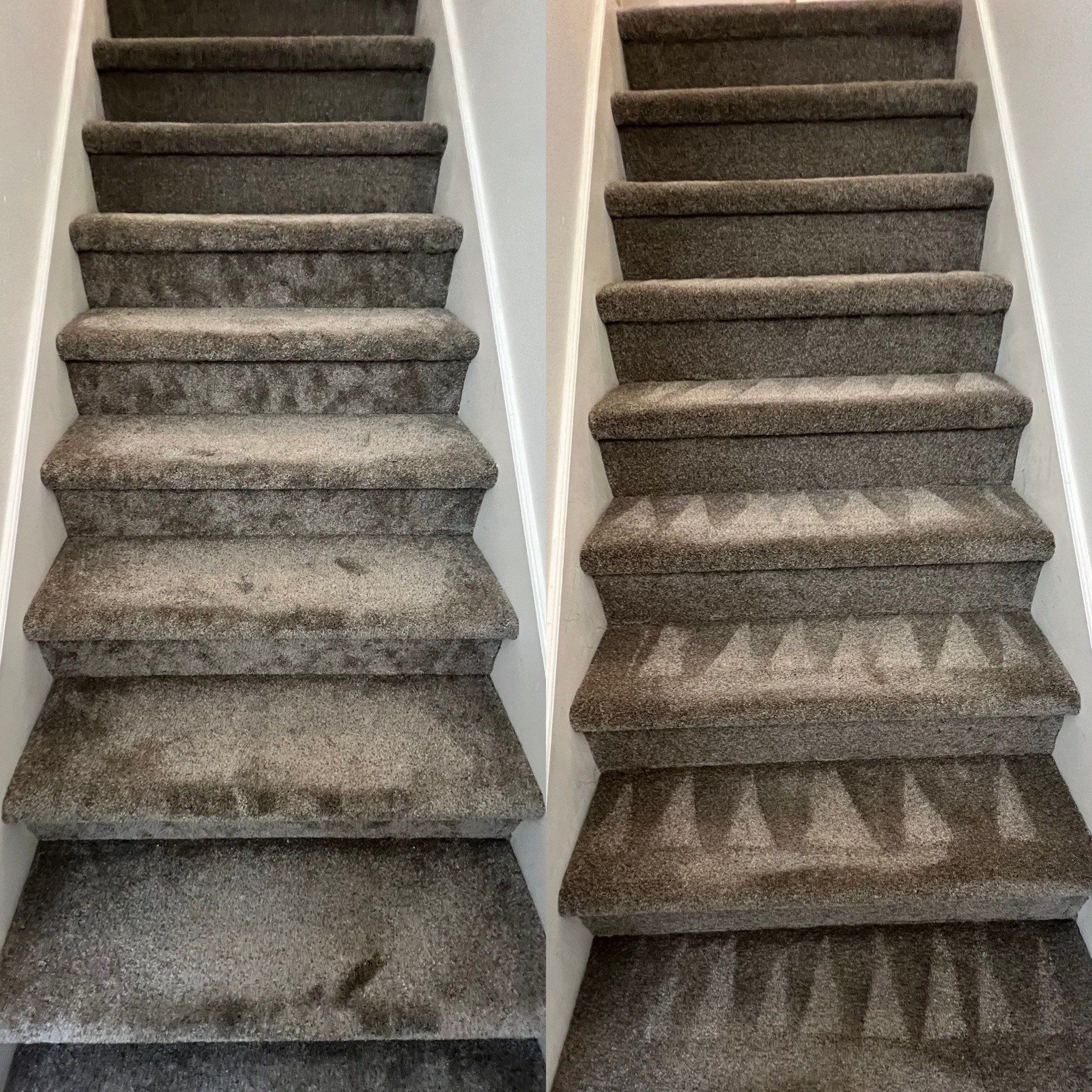 the service shown is deep cleaning of carpeted stairs removing dirt and stains for a refreshed appearance