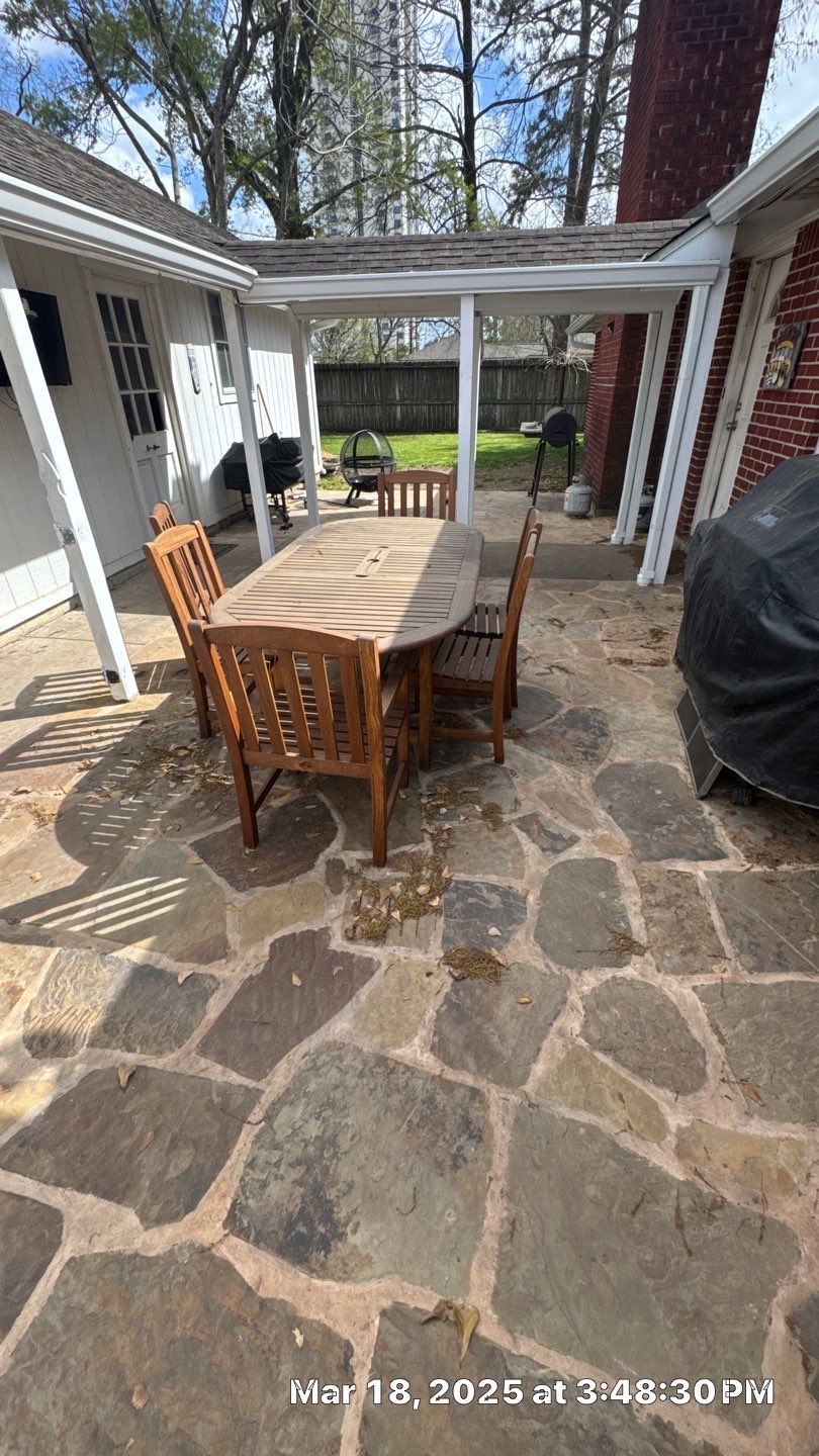 🌿 Rodney – Full Gutters, Drainage System, Flagstone Patio & Pergola  Alejandro and the Texas Urban Elements Team recently completed a multi-solution project for Rodney’s home, blending function with design.  ✅ Seamless Gutters We installed a complete 6” seamless gutter system around the home to properly redirect rainwater away from the foundation, protecting siding, paint, and landscaping while boosting curb appeal.  ✅ Drainage System A new PVC storm drainage system was integrated into the gutters and extended to carry roof runoff away from the house. This ensures water won’t pool near the foundation or the new patio area.  ✅ Flagstone Patio Ground We prepped, leveled, and installed a custom flagstone patio for Rodney—delivering both beauty and durability, creating a natural, timeless look that ties perfectly into the yard.  ✅ Pergola Addition To conclude, our framing team constructed a small pergola extension, providing Rodney’s patio with a shaded retreat for family and friends to enjoy.  ✨ Result: A fully protected and enhanced outdoor living space where drainage, stonework, and structure all work together for long-lasting performance and comfort.  📢 At Texas Urban Elements, we specialize in building solutions that protect homes while creating beautiful outdoor environments. by Texas Urban Elements