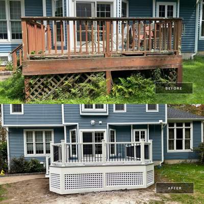Deck replacement using Trex lineage Rainier with angled edges, Transcend cocktail rail and lattice. 
