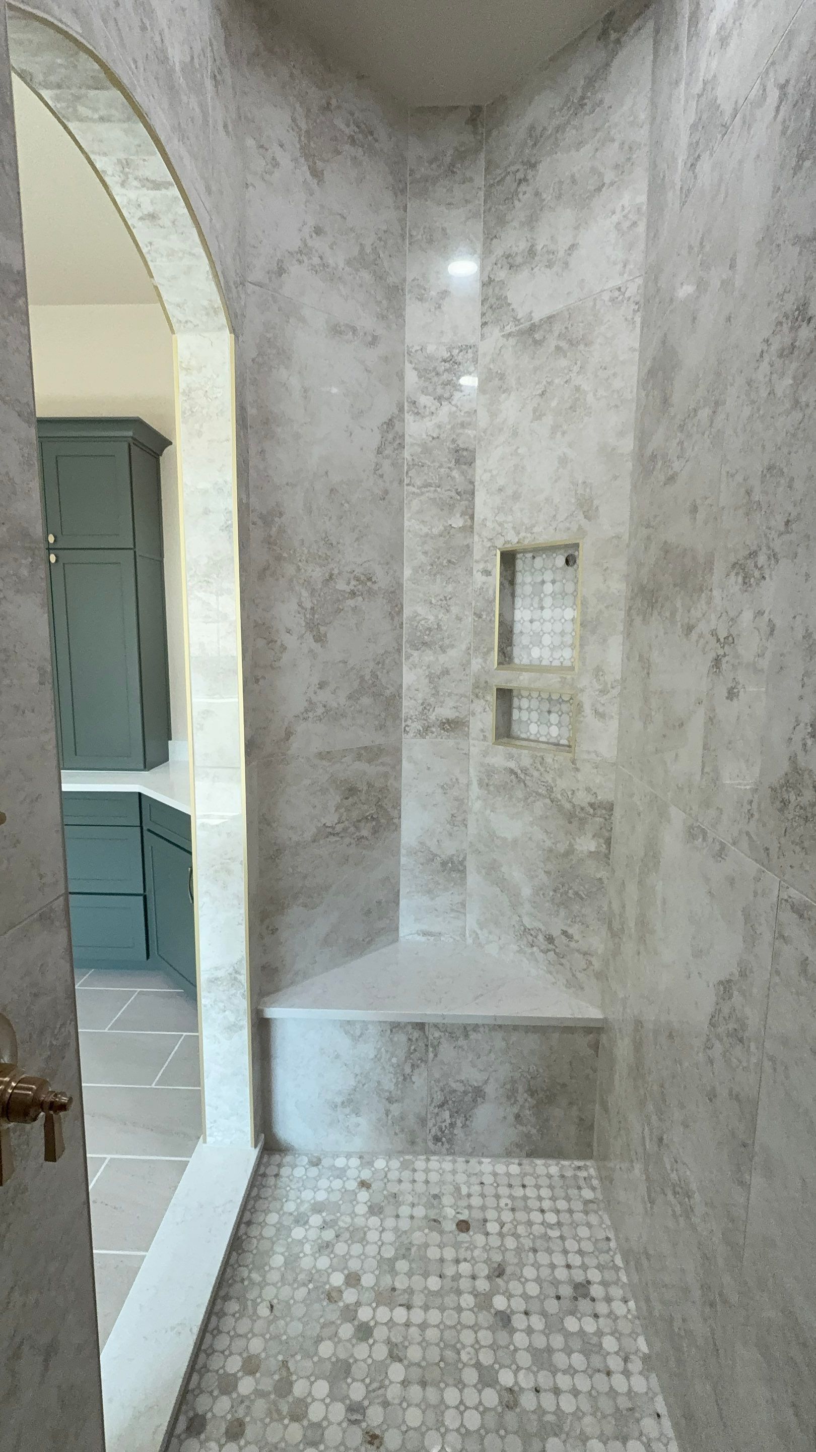 Garden Ridge Master Bathroom Remodel with Custom Walk-In Shower & Warm Green Vanity by Legacy Bath and Kitchen
