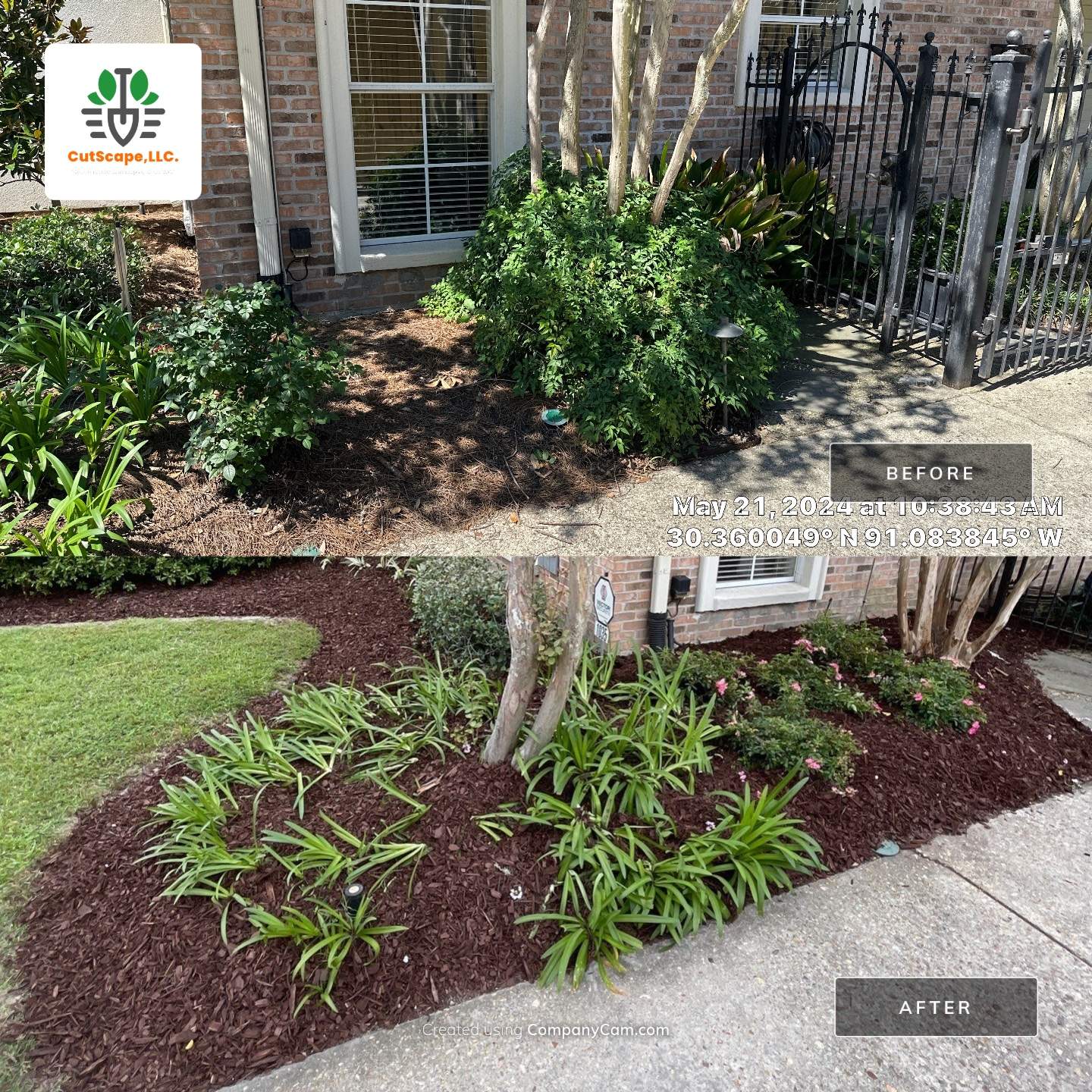 DEMO / BED PREP / CUT IN BED EDGES / MULCH INSTALL using BROWN MULCH "BARK BRITE" & ROAD ROCK by CutScape, LLC.