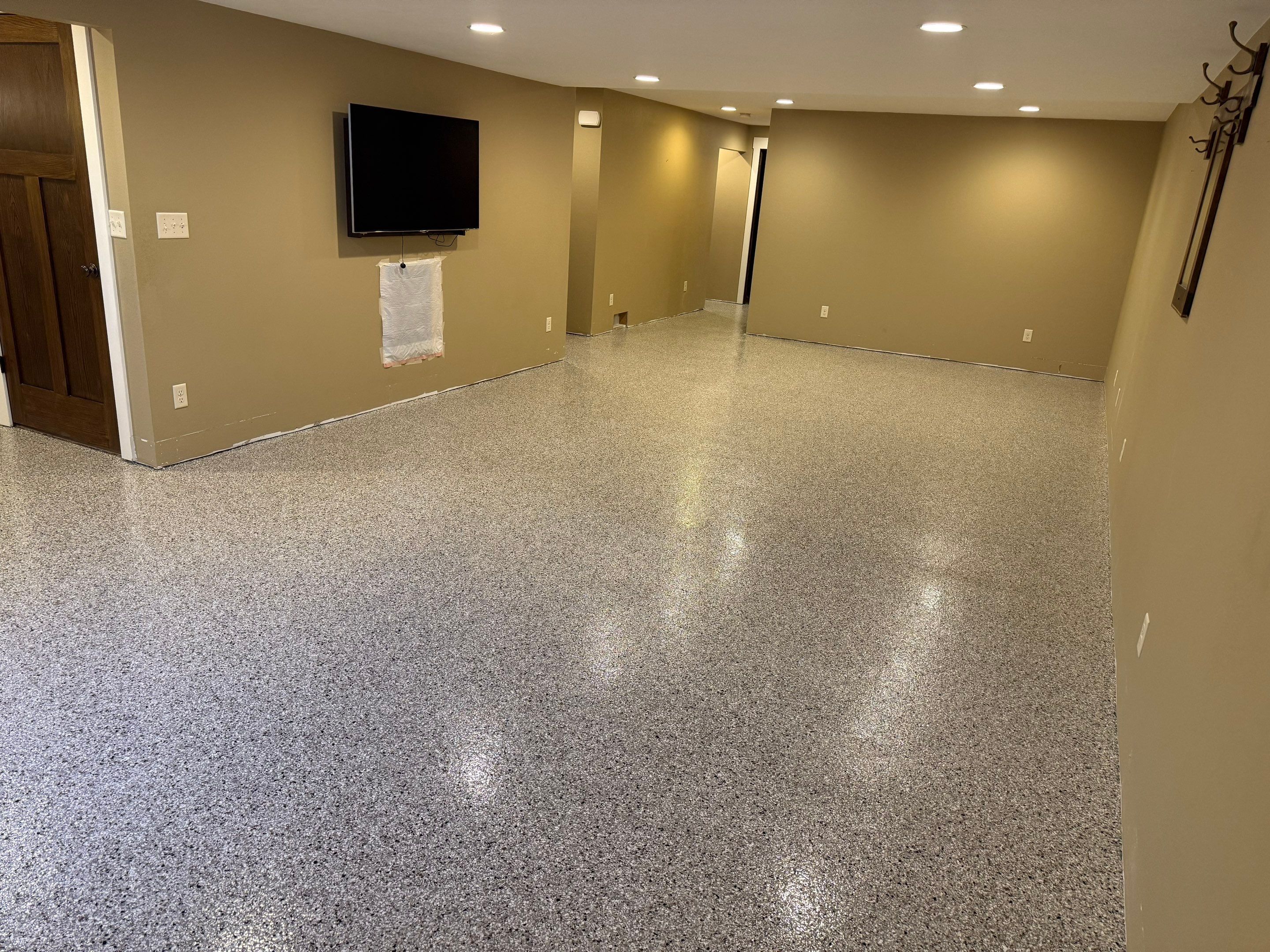 Decorative Flake Concrete Floor Coating for Larchwood Basement by Select Painting, Coatings & Garage Cabinets
