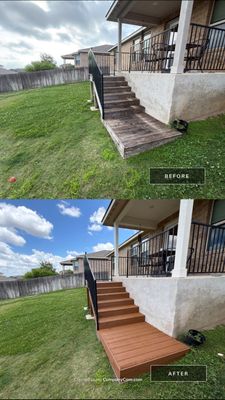 Before and after photo of a deck staircase refinished by Hill Country Painting in Leander, TX