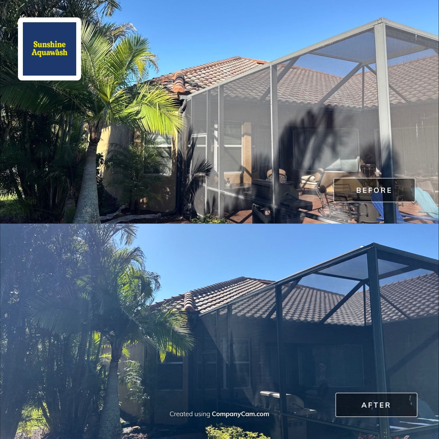This project focused on a full gutter clean-out to restore proper water flow and prevent overflow issues.  Our scope of work included: 	•	Removing heavy leaf and pollen buildup from the gutter system 	•	Clearing out clogged sections along the rear gutters near the pool cage, where debris tends to accumulate more heavily 	•	Inspecting and cleaning the front gutter guards, which had several blocked areas restricting water flow 	•	Ensuring all downspouts and channels were flowing properly after service  Even with gutter guards installed, debris like pollen, shingle grit, and fine organic matter can still build up over time—especially in Florida’s environment. Regular maintenance helps prevent water damage, overflow, and staining on exterior surfaces.  Another thorough job completed by Sunshine AquaWash® – keeping homes protected from top to bottom. by Sunshine AquaWash