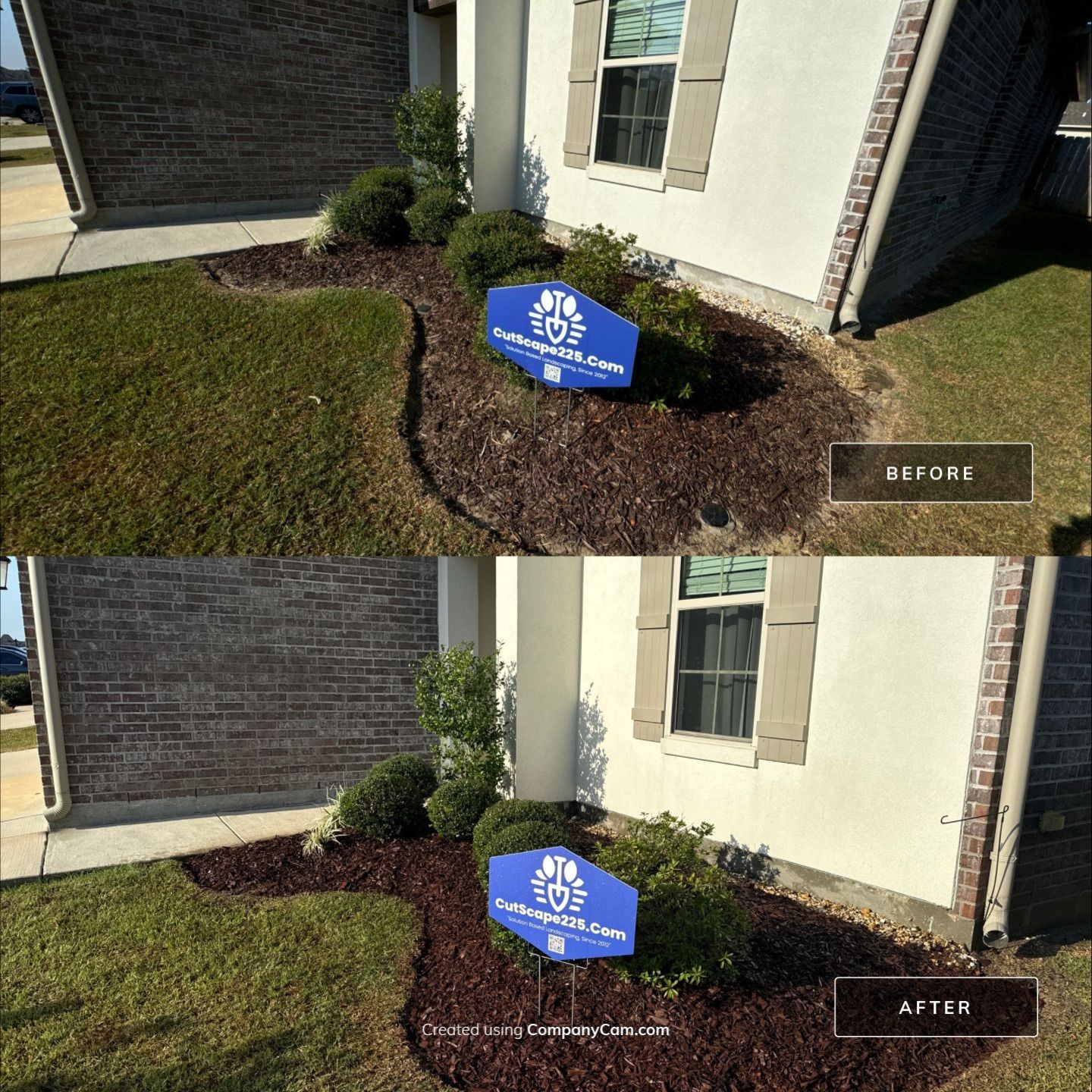 LANDSCAPE SERVICES: DEMO / BED PREP / CUT IN BED EDGES / MULCH INSTALL using BROWN MULCH "BARK BRITE" by CutScape, LLC.