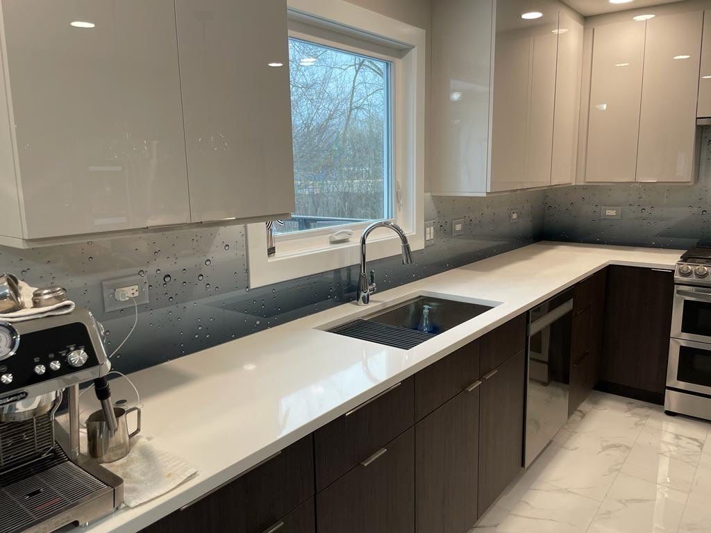 Let It Rain Kitchen Remodel using IMAGIO Solid Glass Backsplash by IMAGIO
