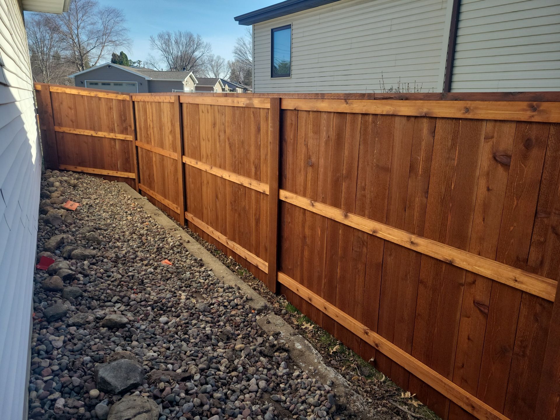 Custom Cedar Wood Privacy Fence with Double Gates and Integrated Planter Mailbox by Perfect Picket Fence and Stain