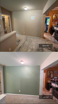 Before and after photo of an interior accent wall painted by Hill Country Painting in Cedar Park, TX