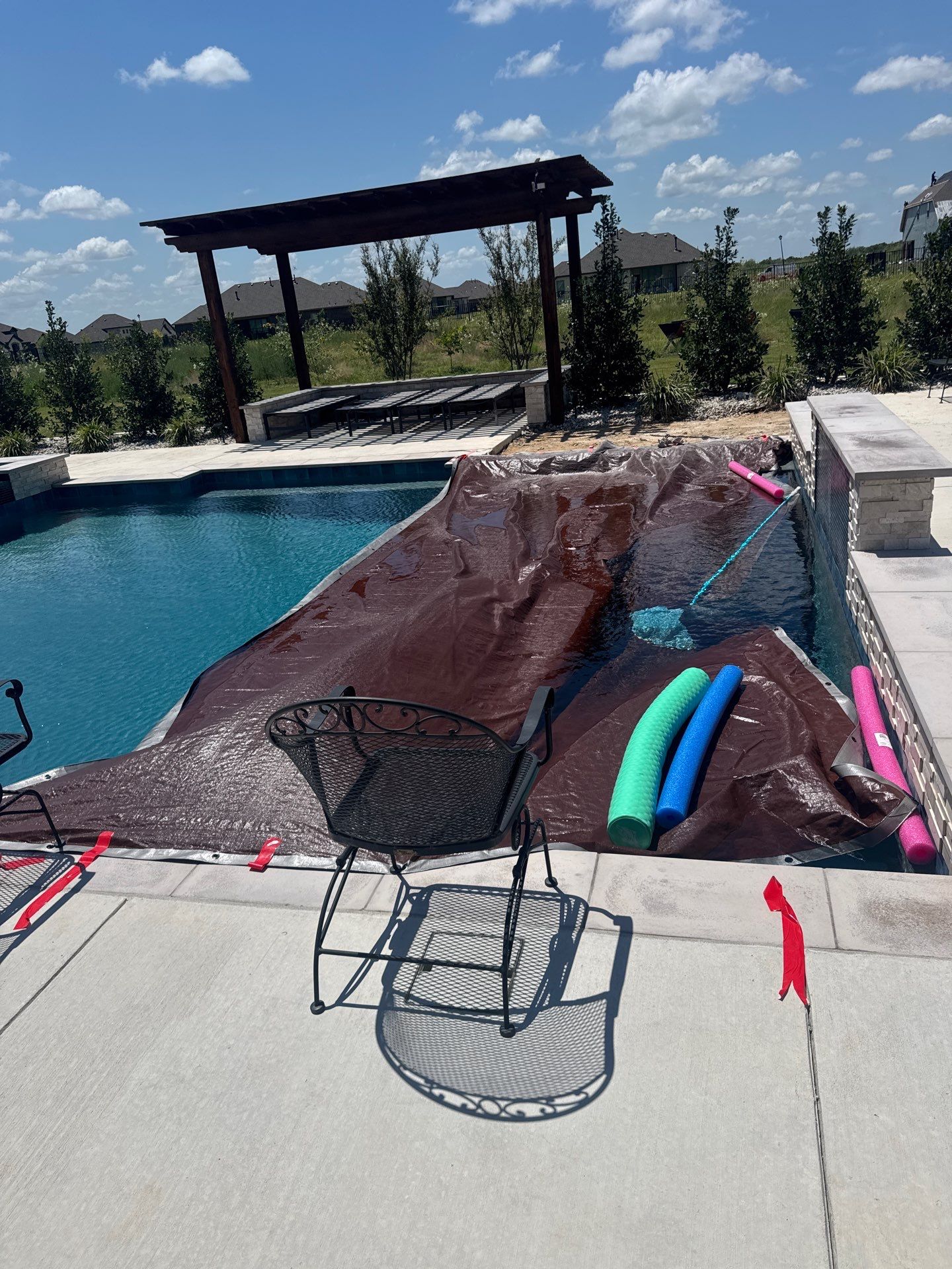 Geometric Pool with Raised Water-Feature Wall and Pergola by Pinnacle Pools and Spas - DFW