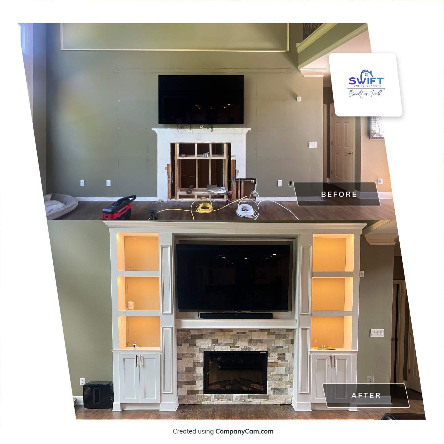 Custom Stone Fireplace and White Built-in Cabinetry in Suwanee by Swift Home Renovations