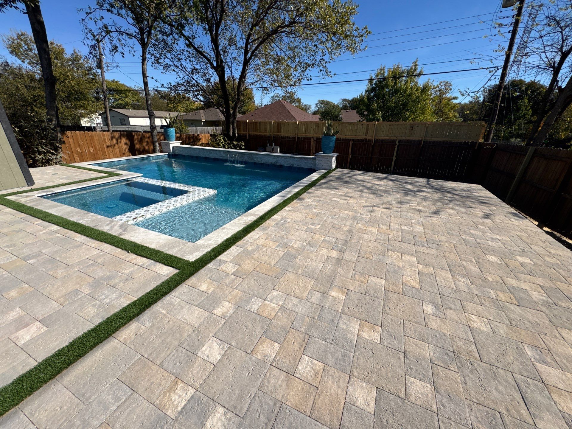 Geometric Pool and Spa with Designer Tile Wall by Pinnacle Pools and Spas - DFW