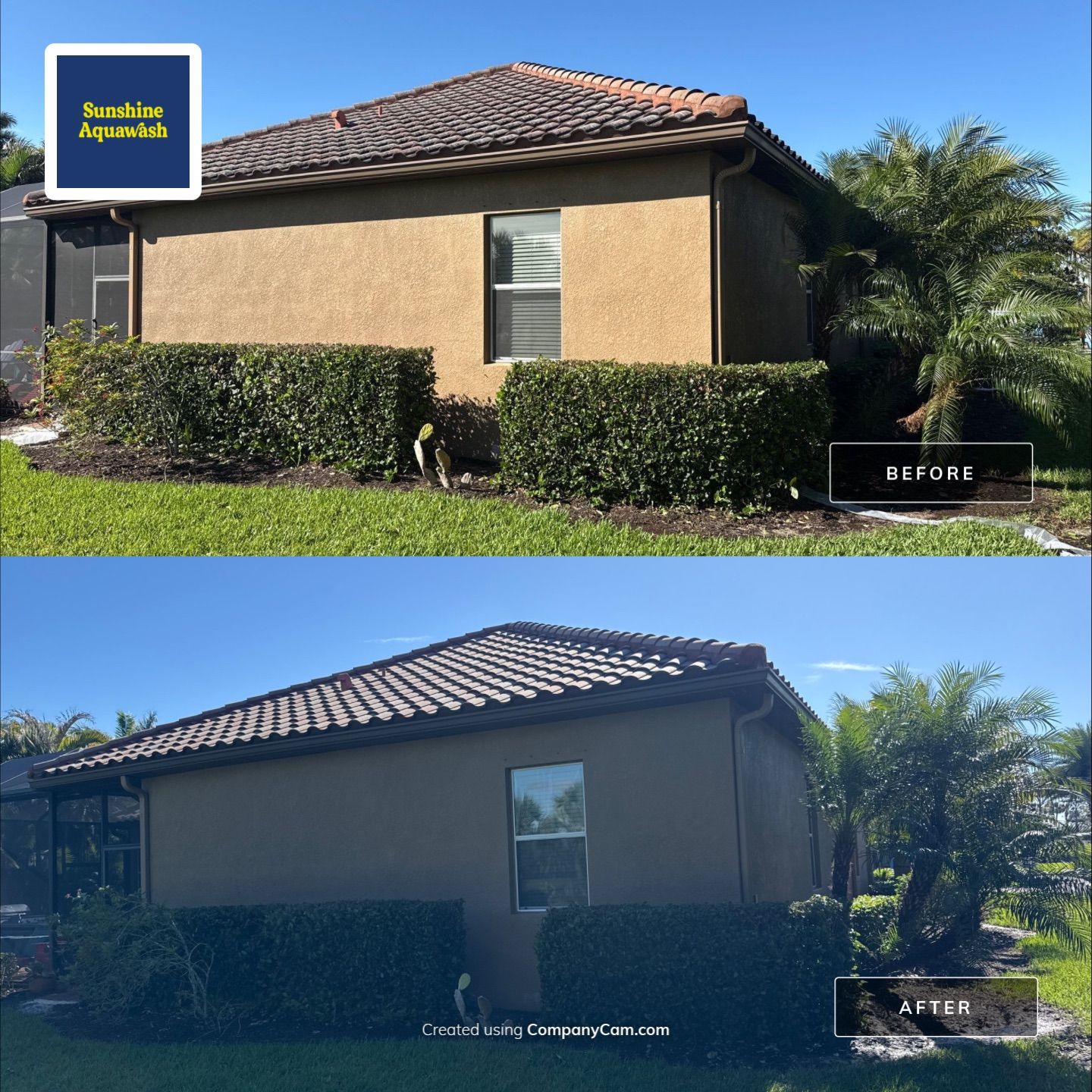 This project focused on a full gutter clean-out to restore proper water flow and prevent overflow issues.  Our scope of work included: 	•	Removing heavy leaf and pollen buildup from the gutter system 	•	Clearing out clogged sections along the rear gutters near the pool cage, where debris tends to accumulate more heavily 	•	Inspecting and cleaning the front gutter guards, which had several blocked areas restricting water flow 	•	Ensuring all downspouts and channels were flowing properly after service  Even with gutter guards installed, debris like pollen, shingle grit, and fine organic matter can still build up over time—especially in Florida’s environment. Regular maintenance helps prevent water damage, overflow, and staining on exterior surfaces.  Another thorough job completed by Sunshine AquaWash® – keeping homes protected from top to bottom. by Sunshine AquaWash