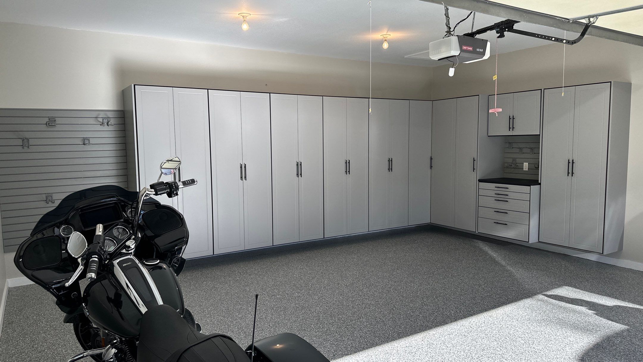 Macy T. transformed her garage with our beautiful cabinets by Banner Garage