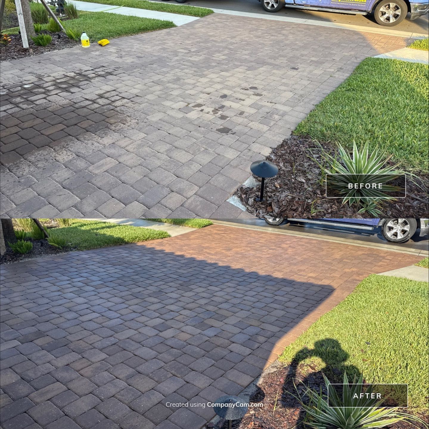 Oil Stain Removal on Paver Driveway | Esplanade at Artisan Lakes, Palmetto FL by Sunshine AquaWash