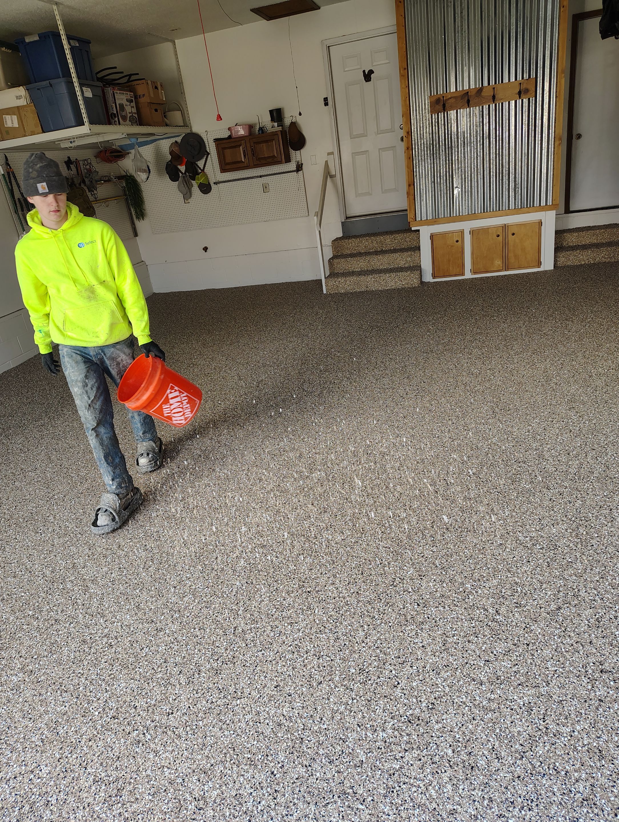 Multi-Colored Flake Epoxy Garage Floor Coating and Crack Repair by Select Painting, Coatings & Garage Cabinets