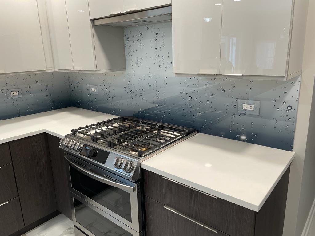 Let It Rain Kitchen Remodel using IMAGIO Solid Glass Backsplash by IMAGIO