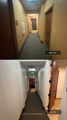 Before and after photo of a medical office back corridor repainted white by Hill Country Painting in Austin, TX