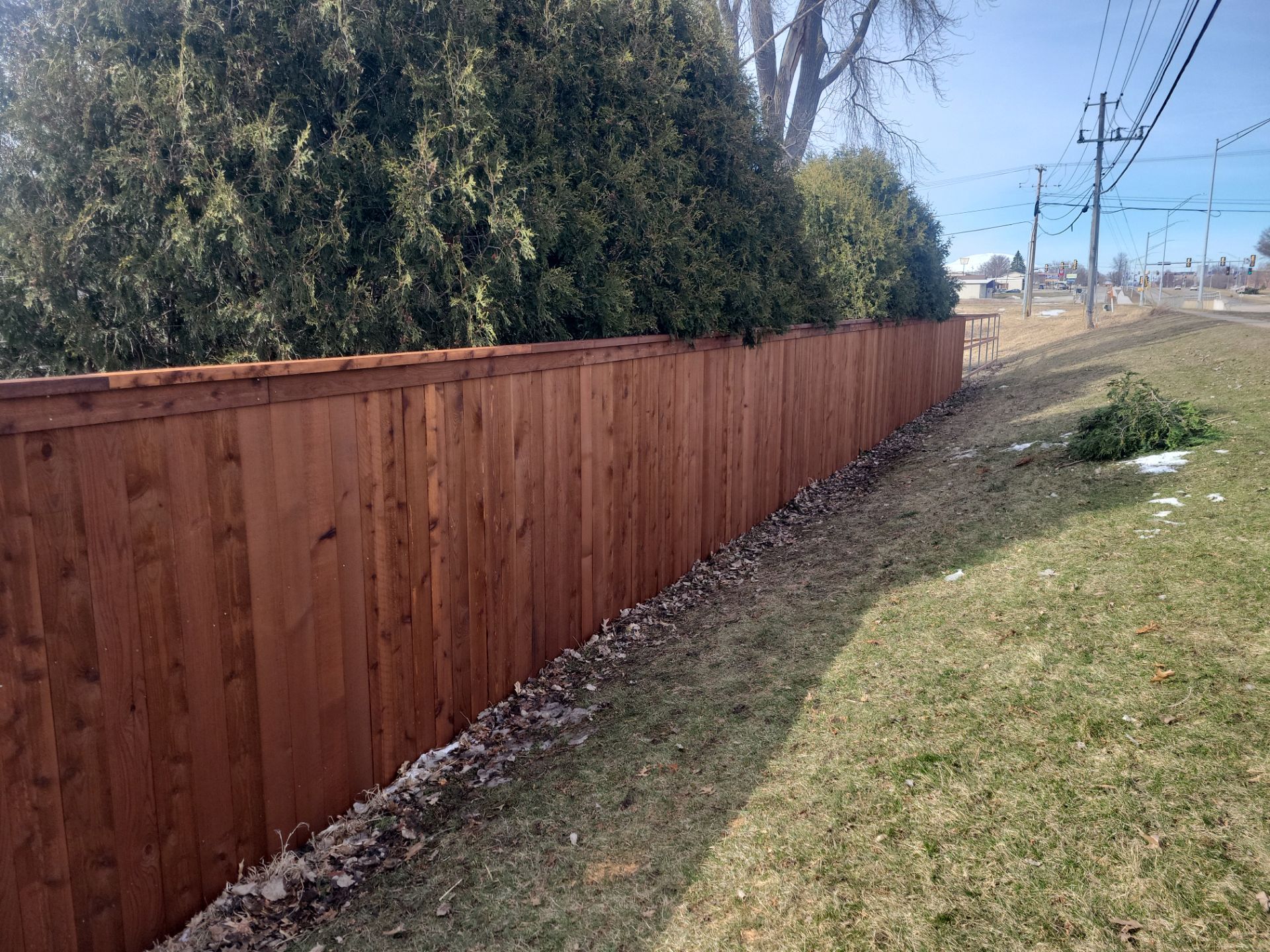 Custom Cedar Wood Privacy Fence with Double Gates and Integrated Planter Mailbox by Perfect Picket Fence and Stain