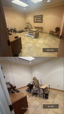 Before and after photo of a medical office exam room repainted by Hill Country Painting in Austin, TX