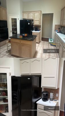 Before and after photo of a kitchen island and cabinets repainted cream by Hill Country Painting in Austin, TX