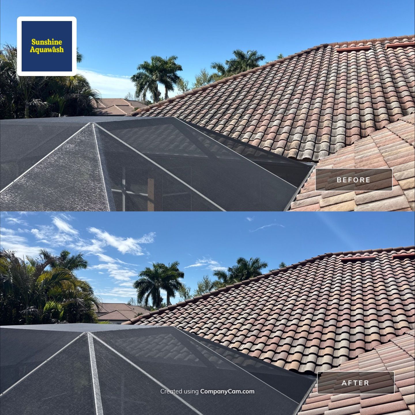 This project focused on a full gutter clean-out to restore proper water flow and prevent overflow issues.  Our scope of work included: 	•	Removing heavy leaf and pollen buildup from the gutter system 	•	Clearing out clogged sections along the rear gutters near the pool cage, where debris tends to accumulate more heavily 	•	Inspecting and cleaning the front gutter guards, which had several blocked areas restricting water flow 	•	Ensuring all downspouts and channels were flowing properly after service  Even with gutter guards installed, debris like pollen, shingle grit, and fine organic matter can still build up over time—especially in Florida’s environment. Regular maintenance helps prevent water damage, overflow, and staining on exterior surfaces.  Another thorough job completed by Sunshine AquaWash® – keeping homes protected from top to bottom. by Sunshine AquaWash