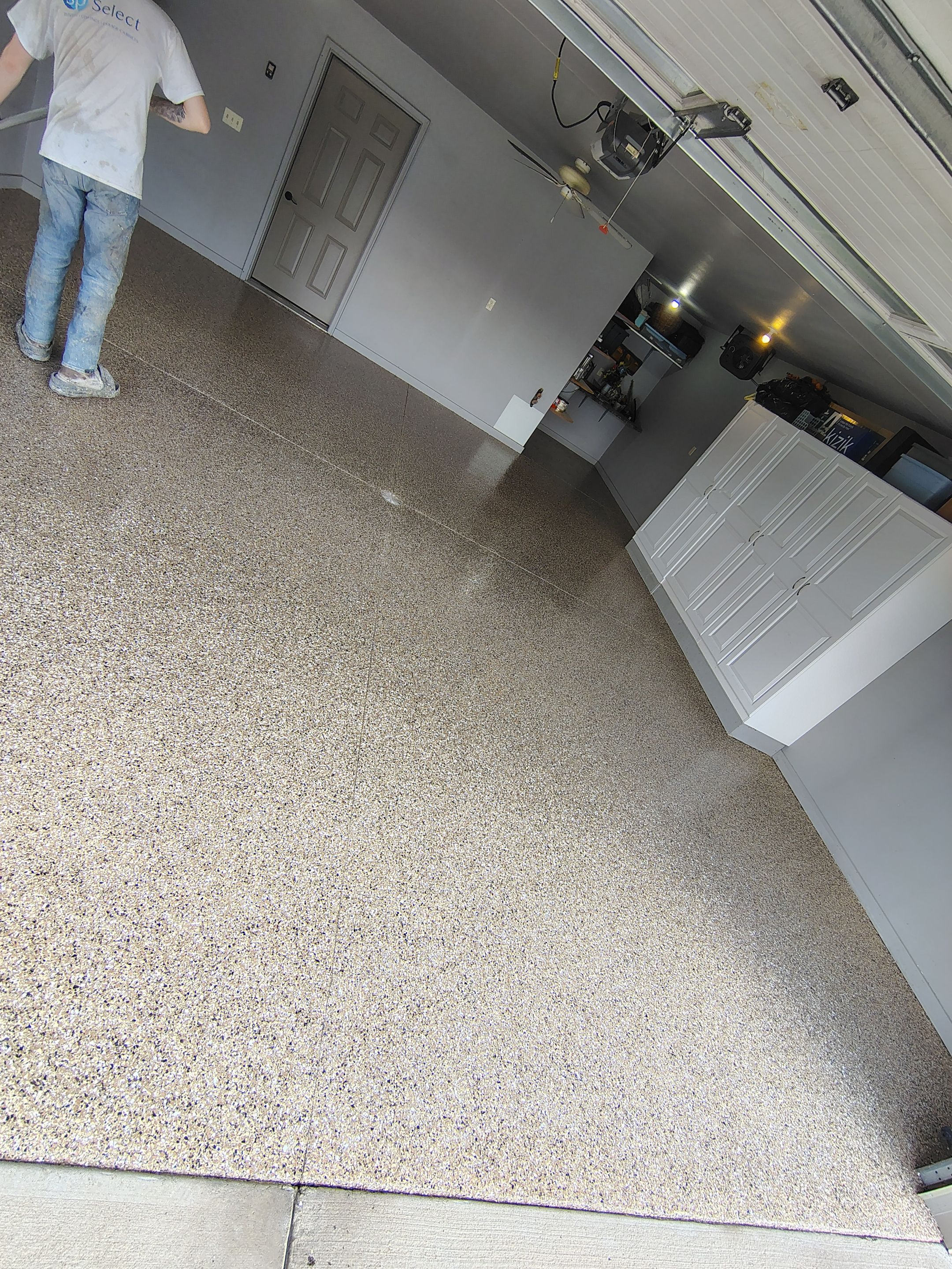 Multi-Colored Speckled Epoxy Concrete Coating for Residential Garage by Select Painting, Coatings & Garage Cabinets
