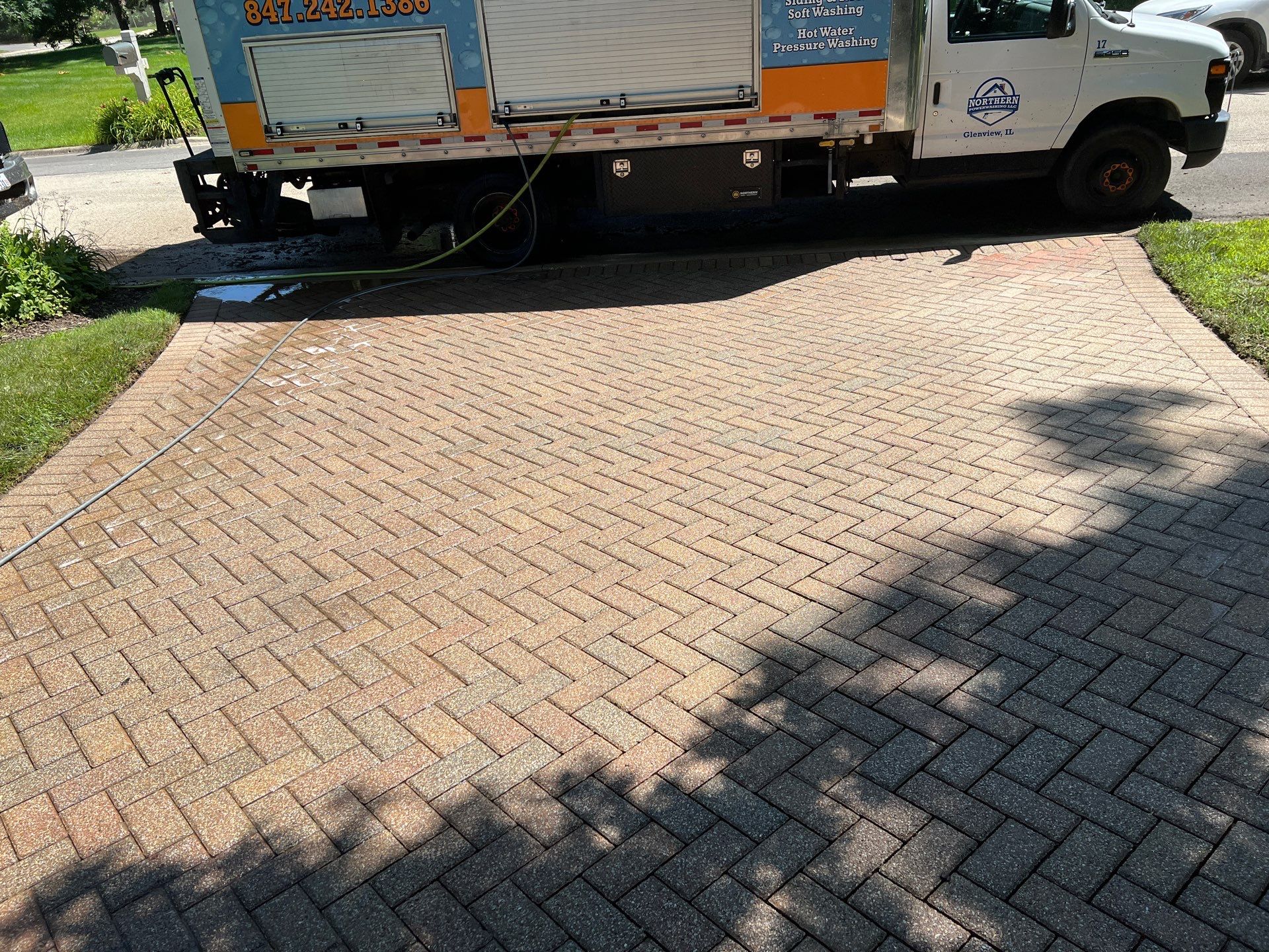 Brick paver clean, sand and seal.  using Polysweep polymeric sand by Northern Power Washing LLC.