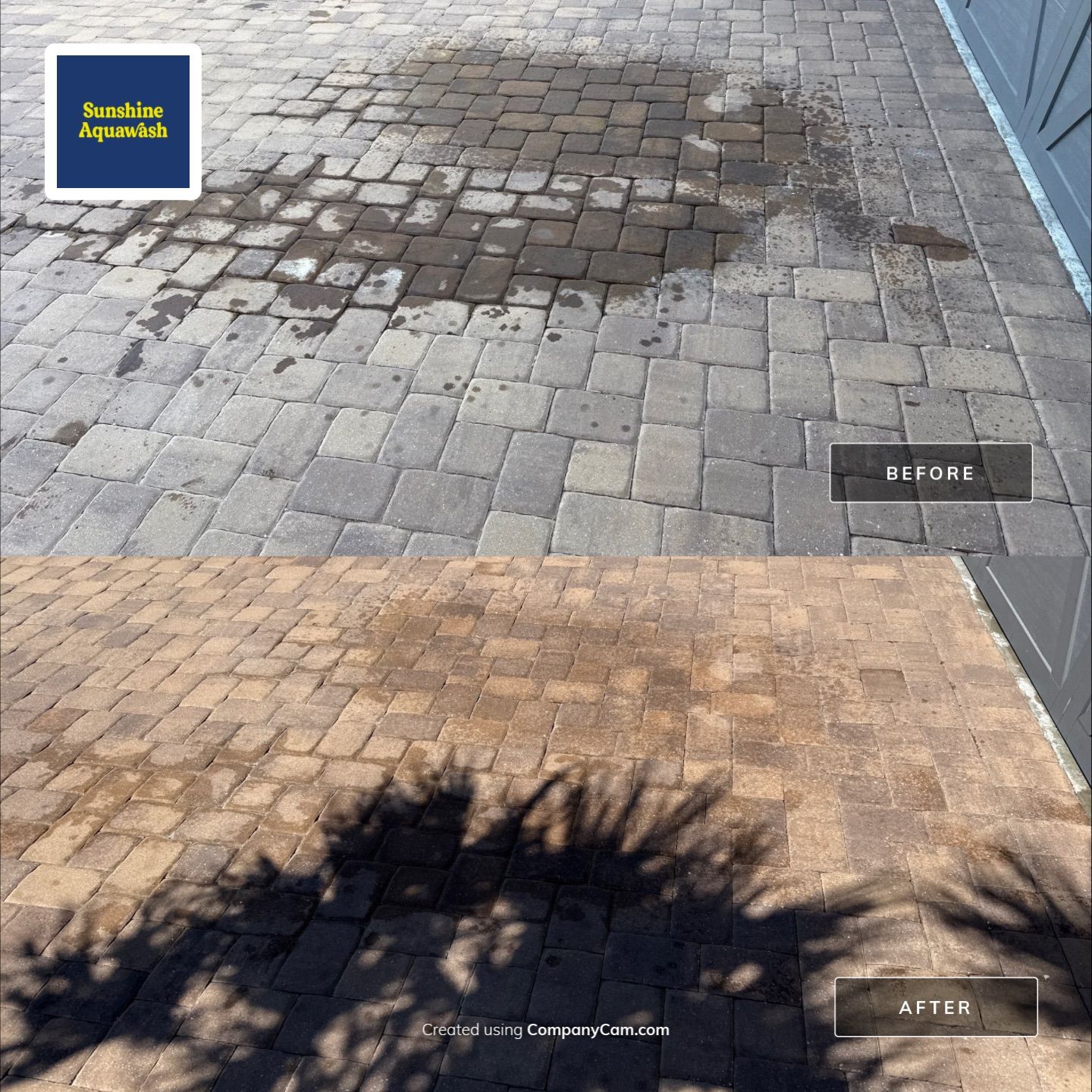 Oil Stain Removal on Paver Driveway | Esplanade at Artisan Lakes, Palmetto FL by Sunshine AquaWash