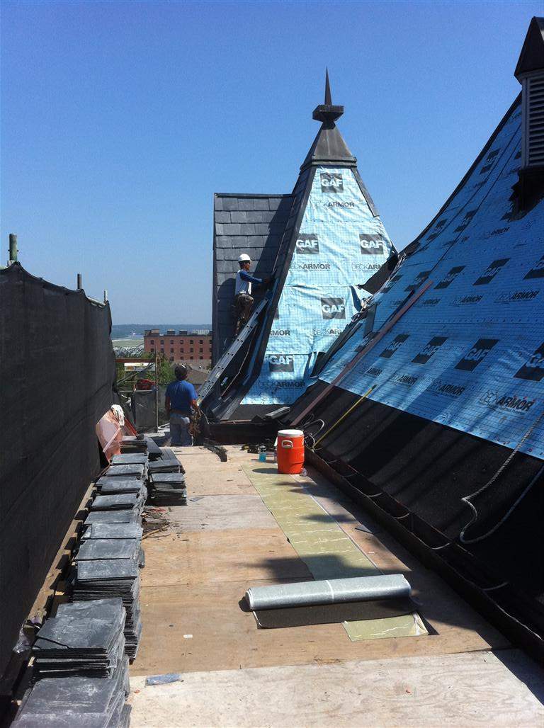 Historic Building ROOF REPLACEMNT with GAF TruSlate  on steep slop and Versico 60mil TPO on flat roof by Gorilla Exteriors Contracting, LLC