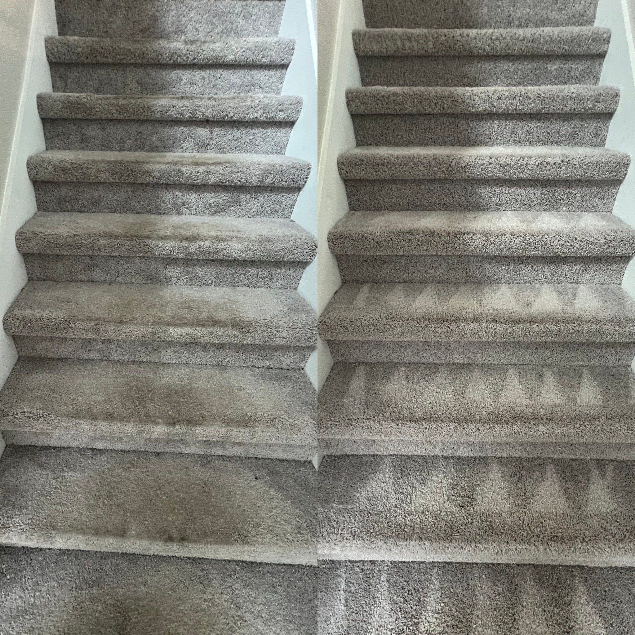 the service shown is deep cleaning of carpeted stairs removing dirt stains and restoring appearance to fresh condition