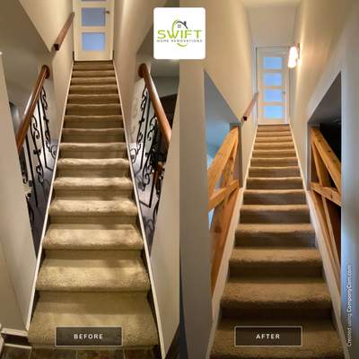 Finished Basement Renovation with Custom Shiplap and Modernized Wood Railings