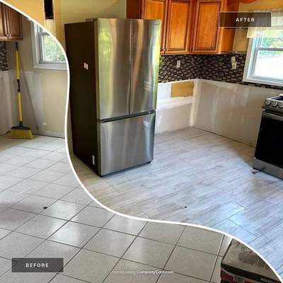 New Tile Kitchen Floor using Large Format Porceline Tile